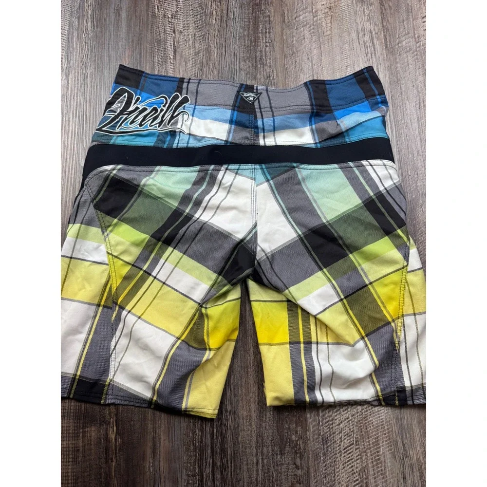 ONeill Superfreak Mens Plaid Board Shorts Blue Yellow Green Size 34 11106412
